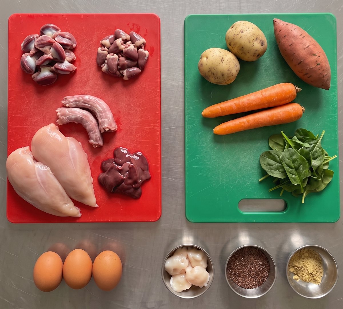 The raw ingredients of Prime on two chopping boards