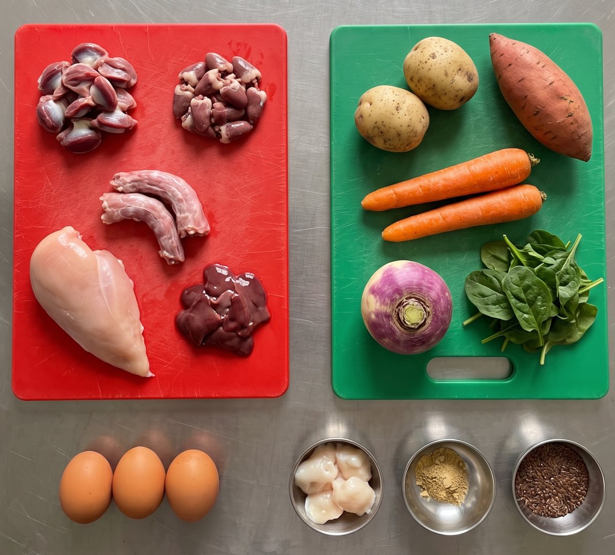The raw ingredients of Chicken & Veg on two chopping boards