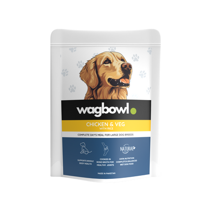 Wagbowl Chicken & Veg with Rice fresh dog food pack, cook-dated
