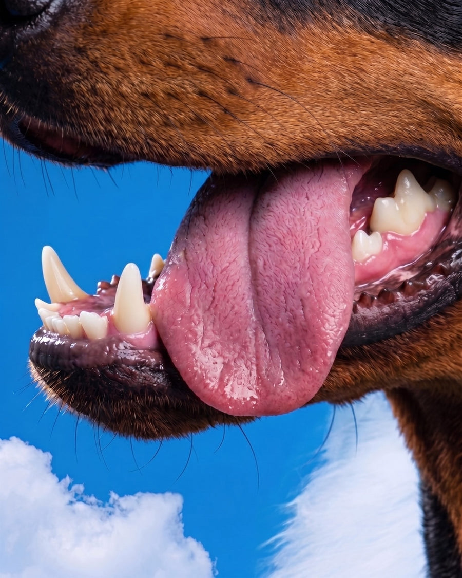 A Rottweiler's open mouth and tongue against a blue sky
