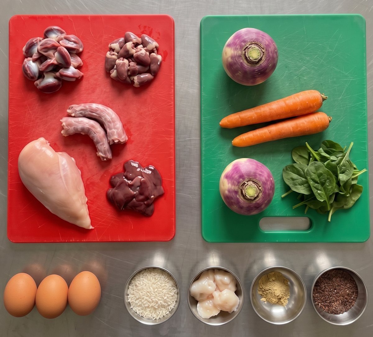 The raw ingredients of Chicken & Veg with Rice on two chopping boards