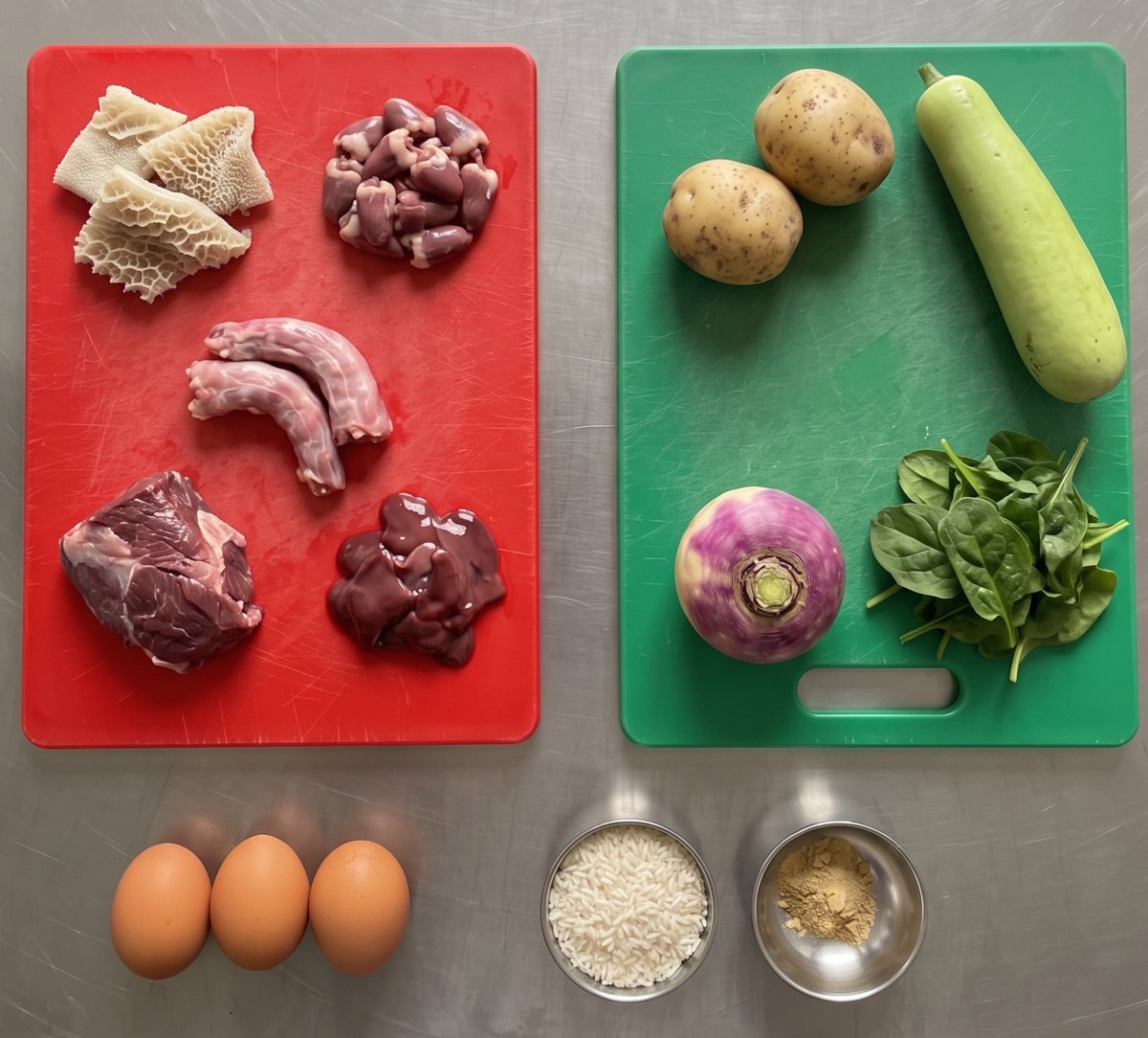 The raw ingredients of Value Bowl on two chopping boards