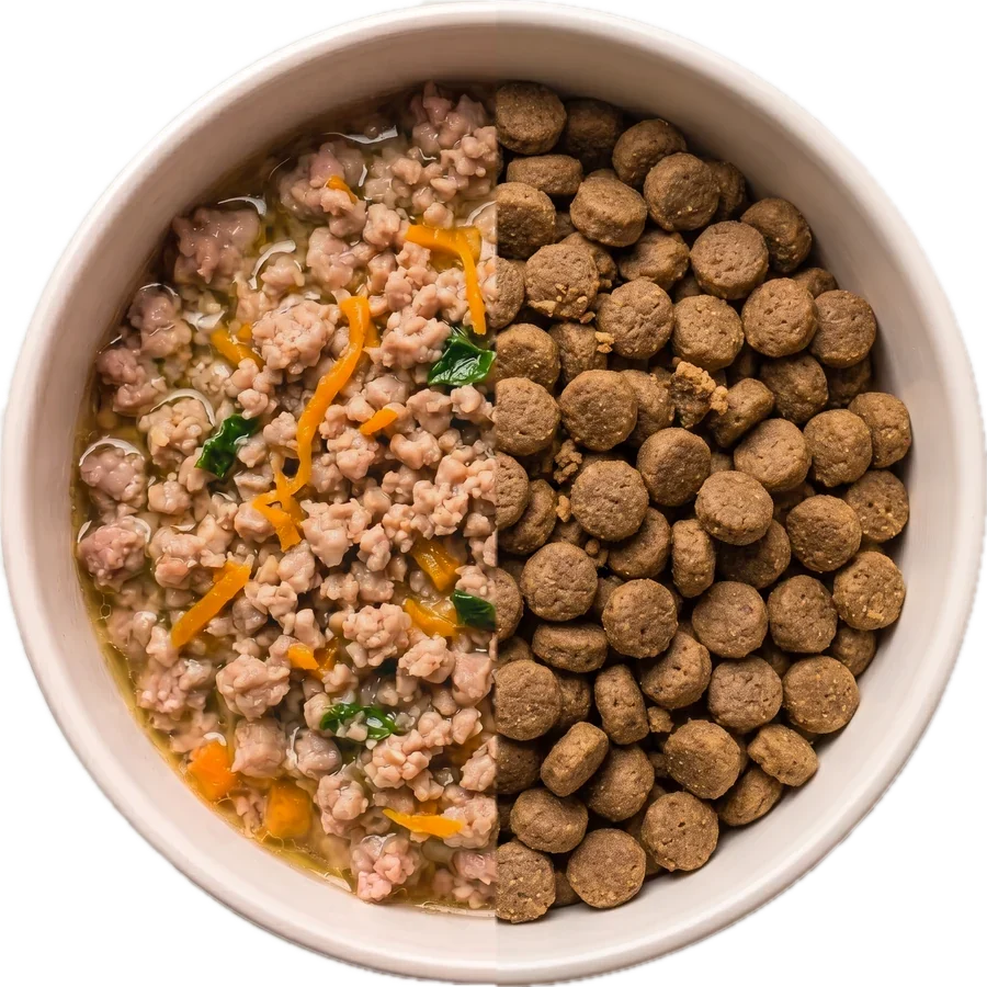 One bowl: half Wagbowl Chicken & Veg Grain Free, half dry kibble